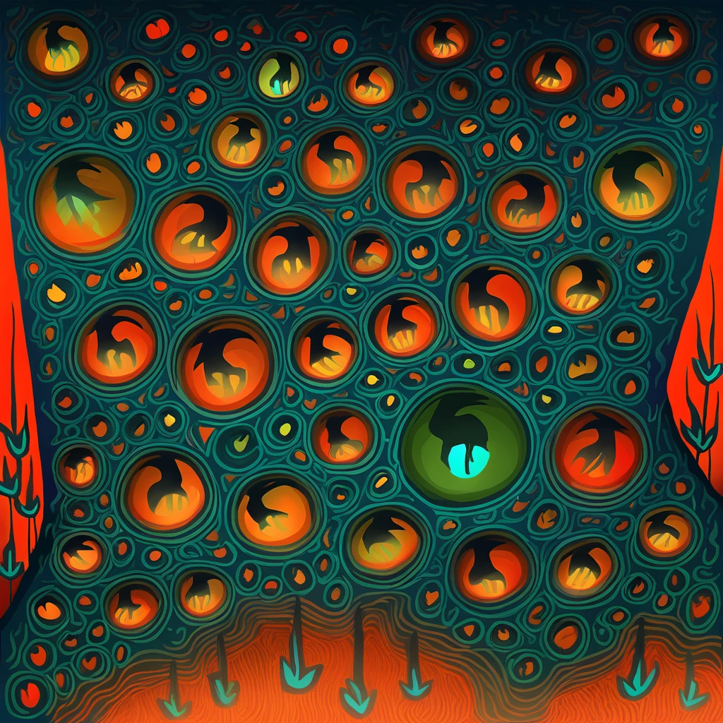 Brachys with green dark-green brown blue-green orange red  color palette with background in nightmare fuel art style