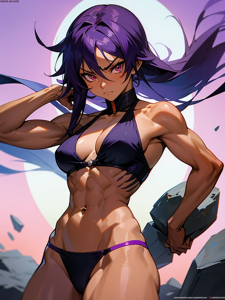 18 year old Yoruichi Shihōin from Bleach with tanned skin in a purple thong bikini flexing her muscles with her hands behind her head so they are not visible to fully show off her rock hard abs as she looks down on you like you’re unworthy, highly detailed 