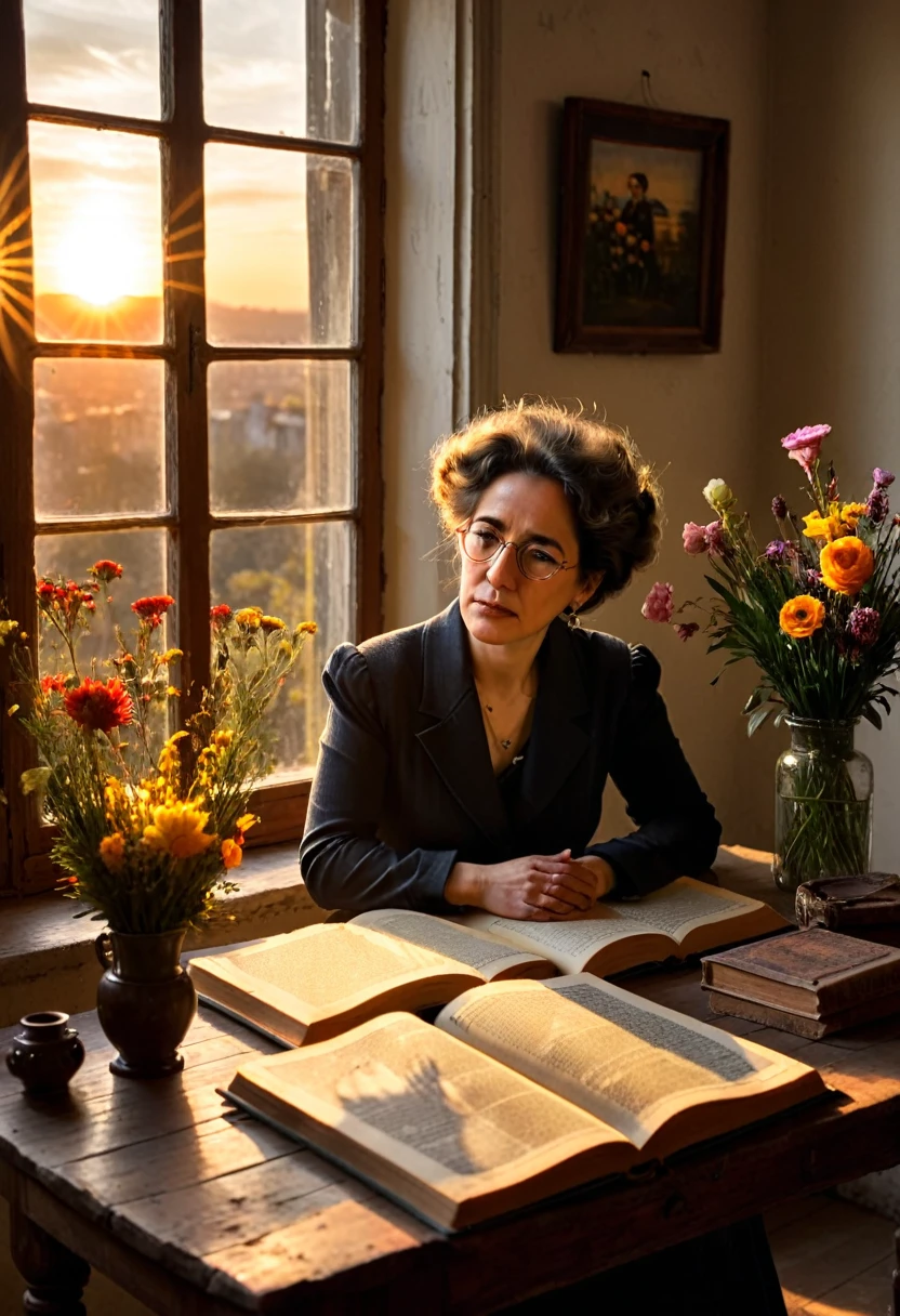 The philosopher Hanna Arendt looks sadly at a book on an antique table and she, near a window that announces the sunset. Y las ideas se representan con flores.