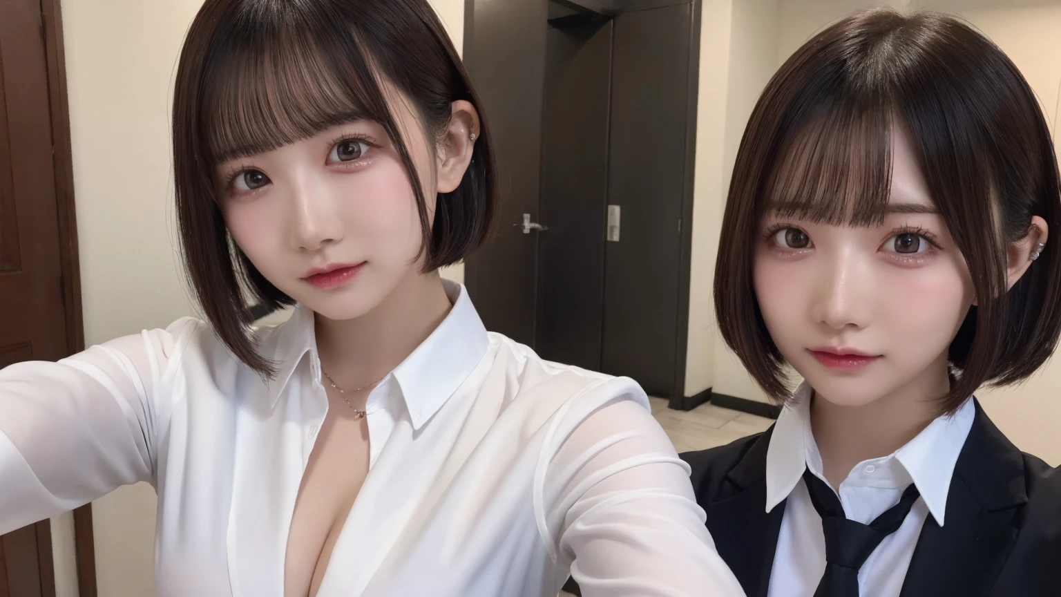 18-year-old、Ultra HD、Ultra-high resolution、Realistic、Sweaty skin、Bob Hair　Bob Hair、Transparent nipples、Large Breasts、Selfie、White shirt、business suit、独奏