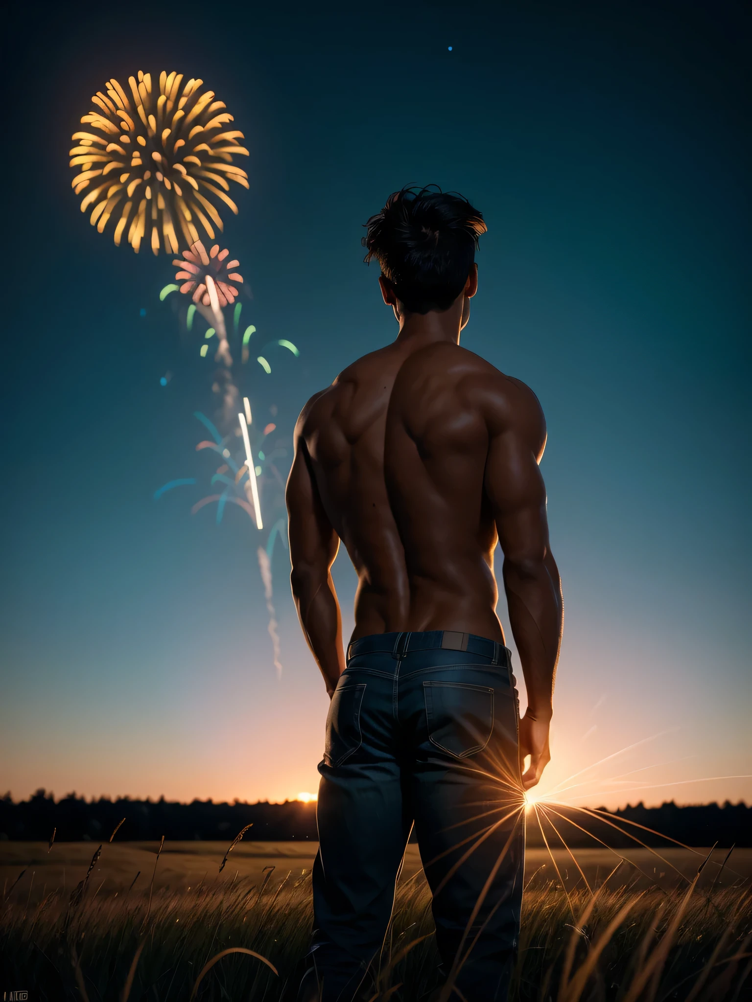 (1boy, photorealistic:1.4, ultra realistic, masterpiece:1.2, best quality, 4k, 8k) a handsome 21-year-old male model nude, standing in a grassy field at night, backside facing viewer, perfect butt, watching a beautiful fireworks display in the sky, dark shadows