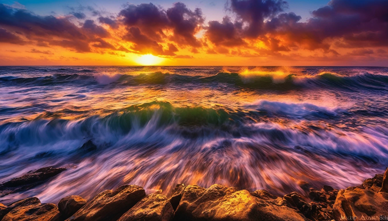 arafa view of a sunset over the ocean with waves crashing, chaotic sea scenery, vibrant sunrise, breathtaking colors, breathtaking look, vibrant sunset, breathtaking composition, beautiful seascapes, stunning sunset, Magnificent background, sunset glow, beautiful background, beautiful dreamy breathtaking, Marcos Adams, beautiful and hot scene, Epic sunset, Beautiful sunset, beautiful sunset glow, beautiful ocean