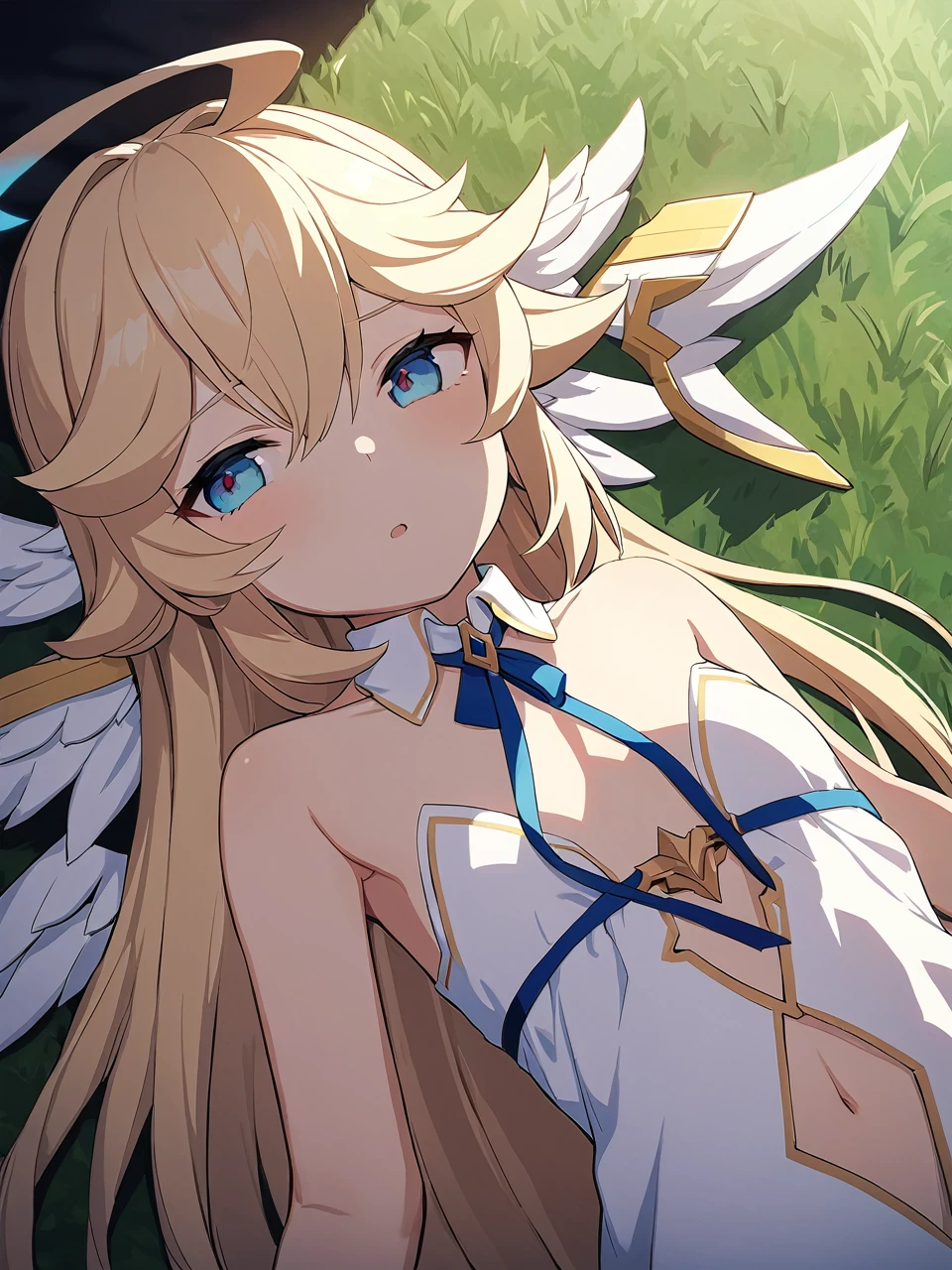 Zaora, blue eyes, (Variegated eyes:0.5), Blonde, Very long hair, Twin Blade, bangs, Ahoge, Hello, Angel, Flat Chest, White Dress, Belly button cutout, Detachable collar, Strapless, Neck ribbon, Bare shoulders, Angel wings, barefoot, One girl, Solo Break Space, grassland, Lying down, Upper Body, Depth of written boundary, Cinematic, masterpiece, Highest quality, Game CG