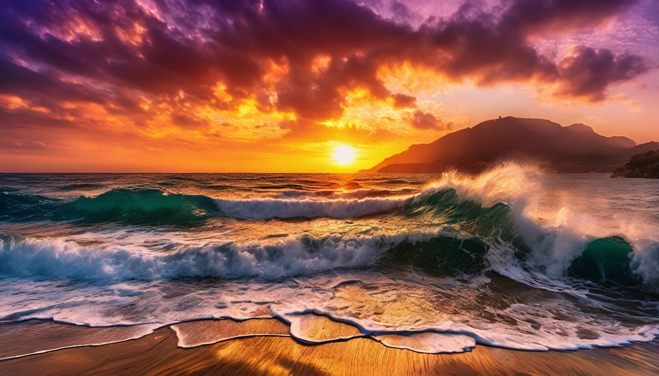 arafa view of a sunset over the ocean with waves crashing, chaotic sea scenery, vibrant sunrise, breathtaking colors, breathtaking look, vibrant sunset, breathtaking composition, beautiful seascapes, stunning sunset, Magnificent background, sunset glow, beautiful background, beautiful dreamy breathtaking, Marcos Adams, beautiful and hot scene, Epic sunset, Beautiful sunset, beautiful sunset glow, beautiful ocean