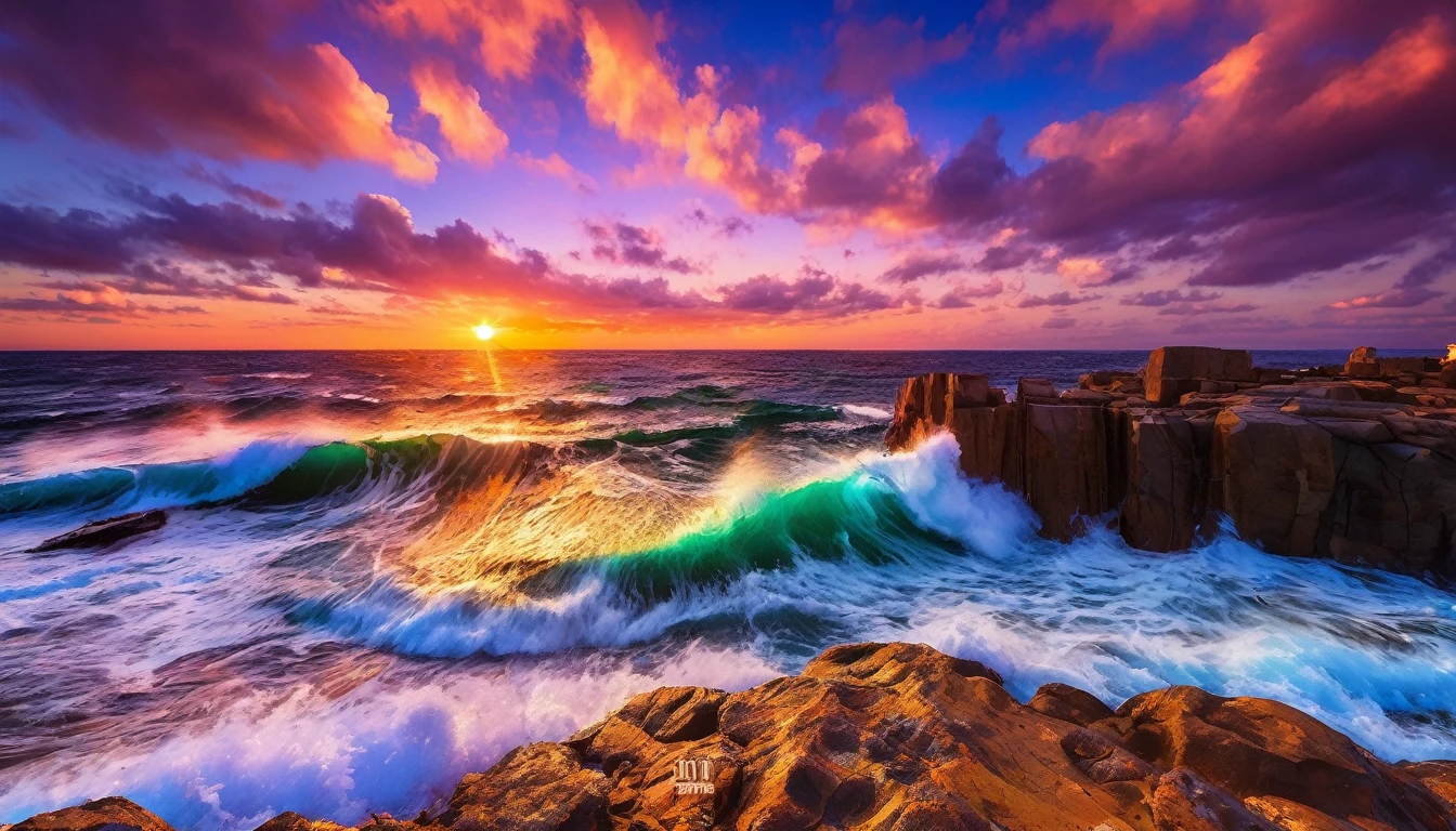 arafa view of a sunset over the ocean with waves crashing, chaotic sea scenery, vibrant sunrise, breathtaking colors, breathtaking look, vibrant sunset, breathtaking composition, beautiful seascapes, stunning sunset, Magnificent background, sunset glow, beautiful background, beautiful dreamy breathtaking, Marcos Adams, beautiful and hot scene, Epic sunset, Beautiful sunset, beautiful sunset glow, beautiful ocean