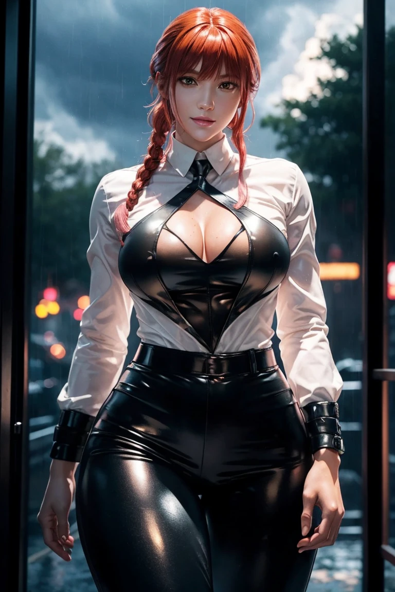 Chainsaw Man,Makima,With bangs,Red Hair,Braids at the back,Yellow eyes,White long sleeve shirt,Black tie,Black Leather Pants,Ultra HD,super high quality,masterpiece,Digital SLR,Photorealistic,Detailed details,Vivid details,Depicted in detail,A detailed face,Detailed details,Super Detail,Realistic skin texture,Anatomical basis,Perfect Anatomy,Anatomically correct hand,Anatomically correct fingers,Complex 3D rendering,Sexy pose,Rainy Sky,Beautiful scenery,Fantastic rainy sky,Picturesque,Pink Lips,smile,