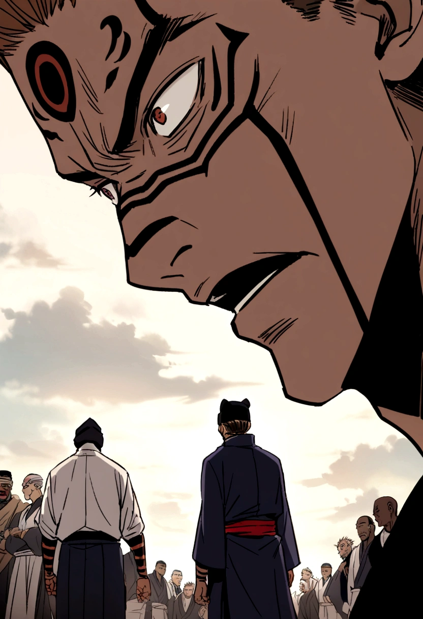 ryomen sukuna from jujutsu kaisen with brown hair and a black beanie hat fighting an african man WITHOUT A HAT anime