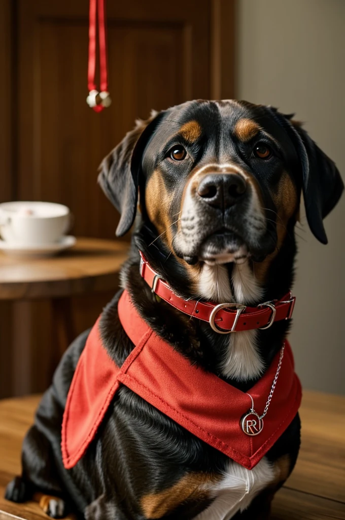 make a red collar for a dog with a pendant with a “R” on it hanging off a table