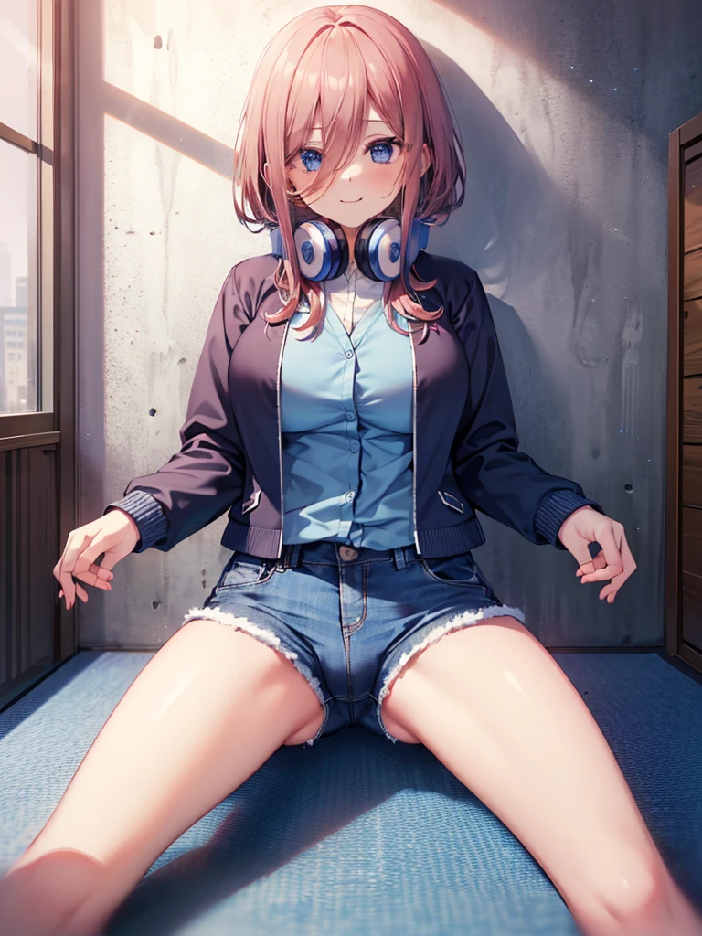 (8K, Highest quality, Highest quality, masterpiece), sit on the floor, (denim hot micro shorts), (vulva peek), big breasts, ((spread legs 1:2)), nm1, headphones around neck, long sleeves, blue cardigan, pantyhose, (fullbody), smile, school uniform, open jacket