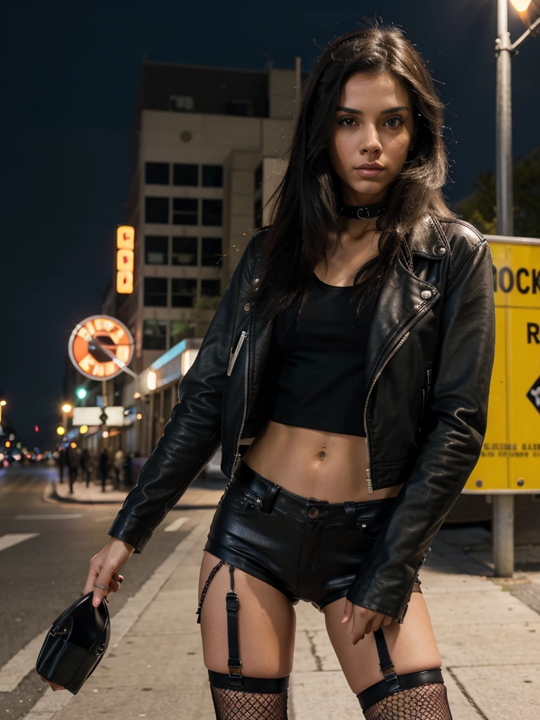 8k, raw photo, photorealistic, skinny brunette girl rocker, (skinny brunette girl, slim face, tanned skin, black hair, straight hair), a rocker girl in a black panties and leather jacket, (fishnet stockings), highly photorealistic photograph, full body shot, edgy clothes, beautiful and perfect legs, confident expression, punk style ,striking pose, dynamic lighting, vibrant colors, sharp focus, bright light