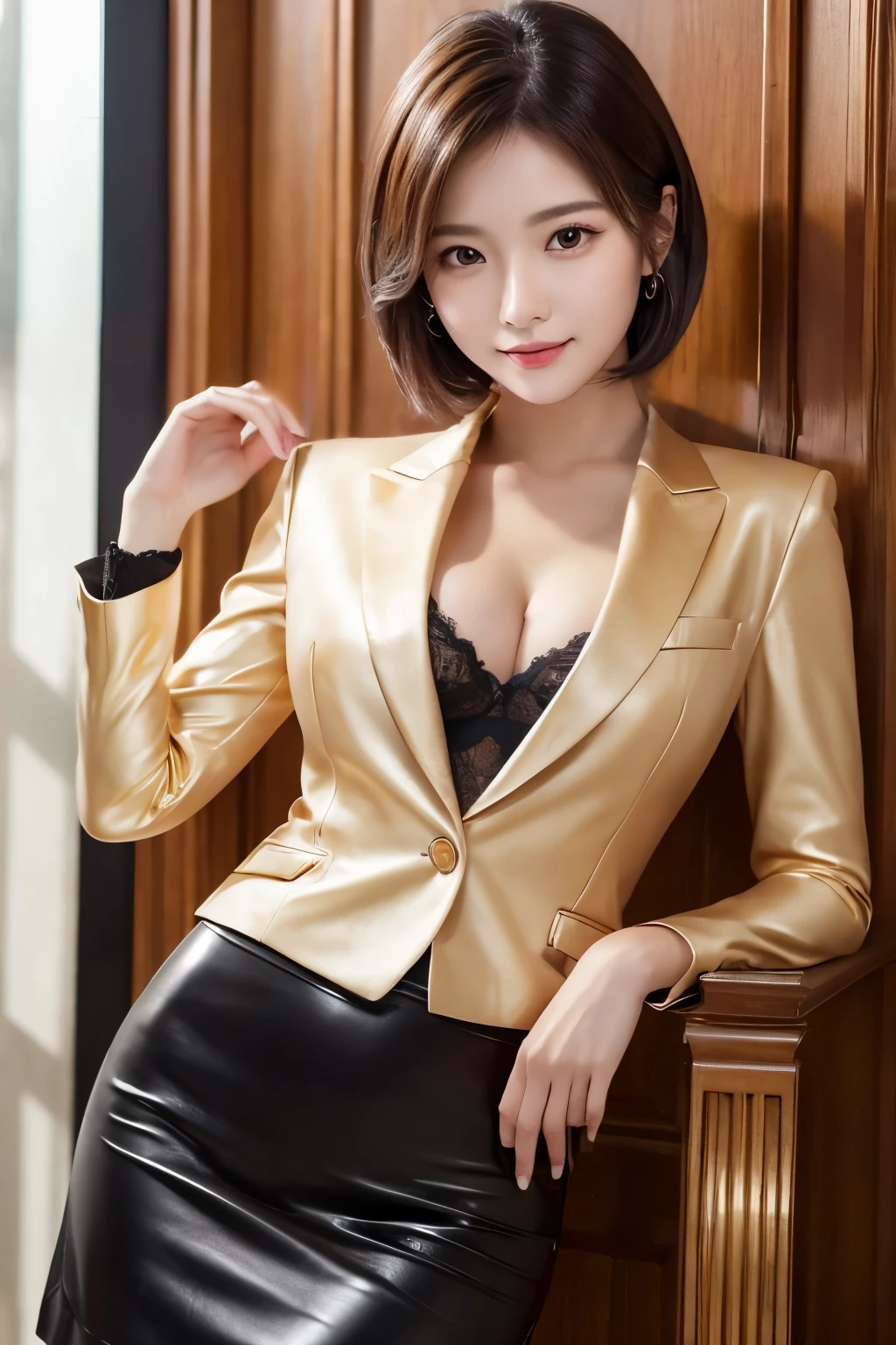 masterpiece、Highest quality、High resolution、Realistic、Beautiful Skin、Ultra slim style、Super small breasts、Sexy、short hair、Full Body Shot、formal,Champagne Gold、silk suit、Leather Tight Skirt、