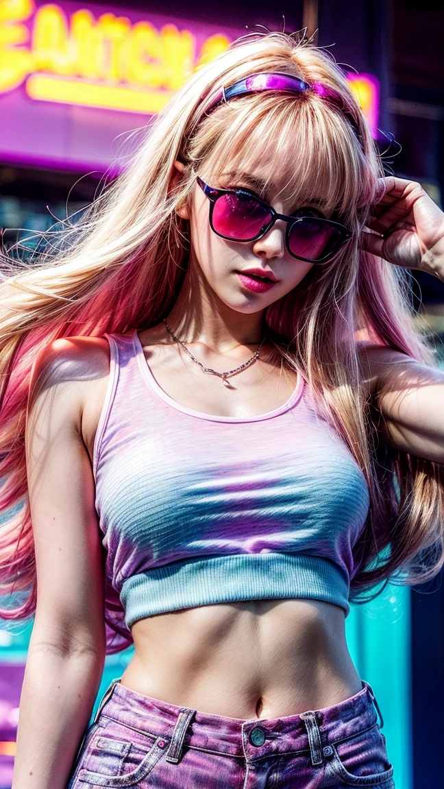 beautiful body of 30 years old woman wearing sunglasses with purple frames and pink color glass illuminated by colorful lights photorealistic background bright colors Luminous background of neon pink and neon blue glitter powder with blonde hair pink and blue smoke vapor, Blue eyes,wide,ripped shorts,White shirt,
