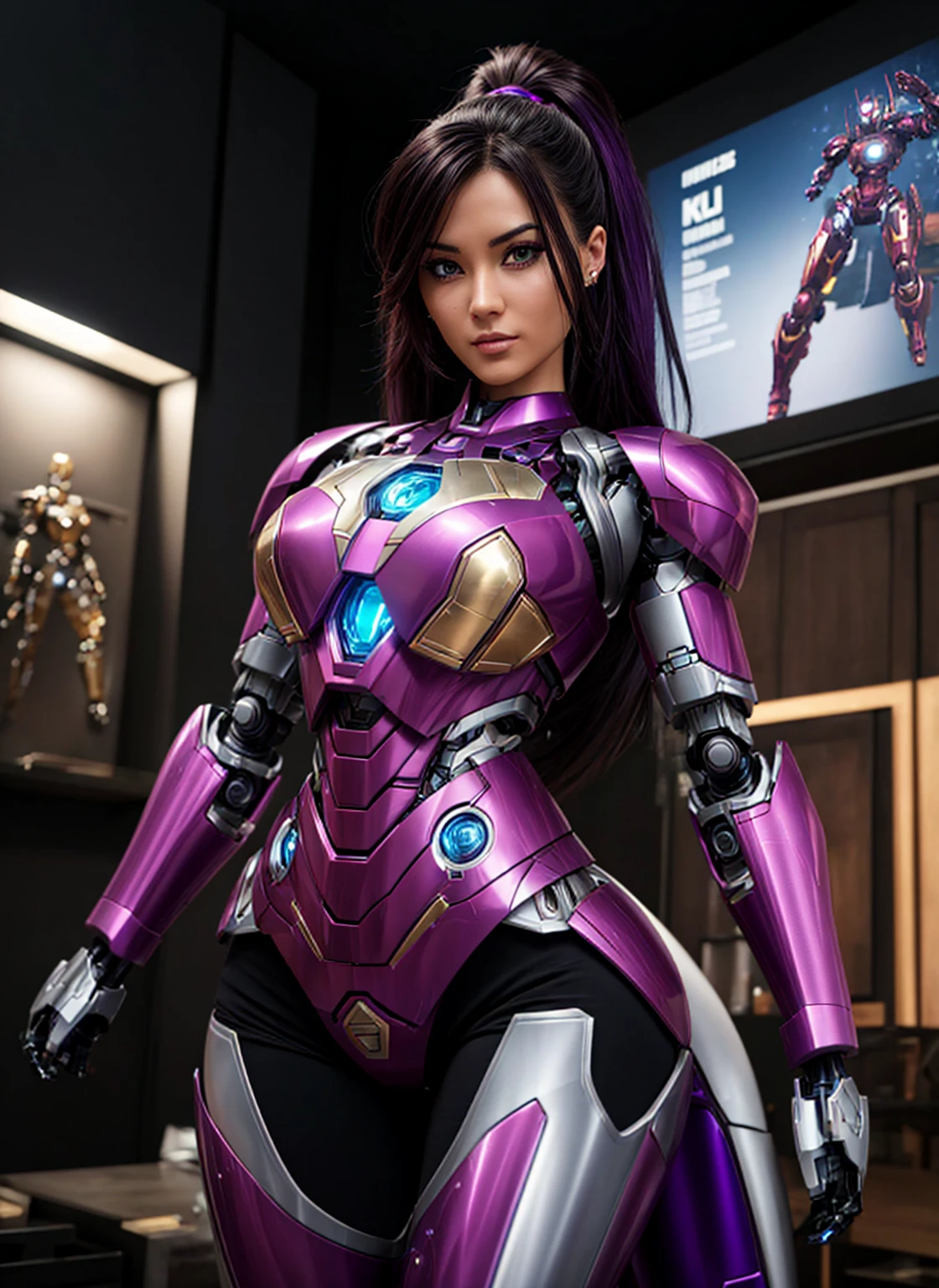 texturized skin, super detaill, High details, high qualiy, best qualityer, high resolution, 1080P, Hard disk, comely,(iron girl),beautiful cyborg woman,Kizi, Mecha,Battle Mode,Kizi ,She uses a purple Iron Man mecha,full body shot shot, completely purple armor