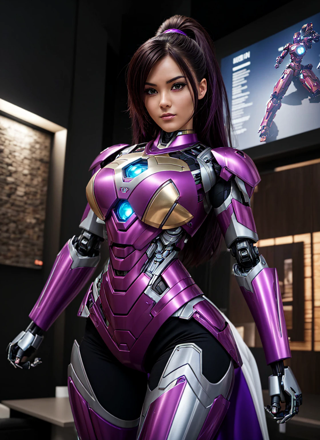 texturized skin, super detaill, High details, high qualiy, best qualityer, high resolution, 1080P, Hard disk, comely,(iron girl),beautiful cyborg woman,Kizi, Mecha,Battle Mode,Kizi ,She uses a purple Iron Man mecha,full body shot shot, completely purple armor