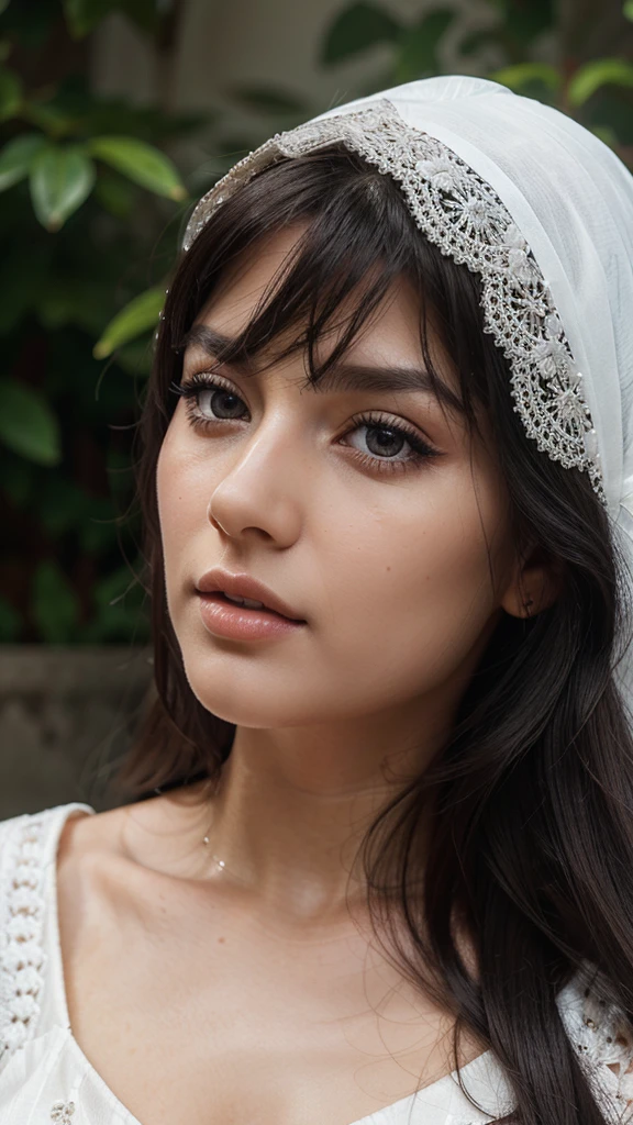 beautiful detailed eyes, beautiful detailed lips, extremely detailed eyes and face, long eyelashes, 1 girl, photo-realistic, high quality, intricate details, smooth skin, long black hair, white skin, profile photo,white dress
