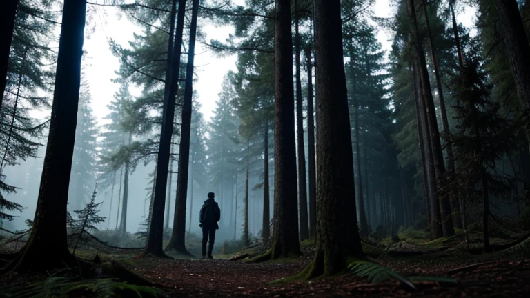 dark mysterious forest ,explorer talking with dark and mysterious figure in a forest full of trees