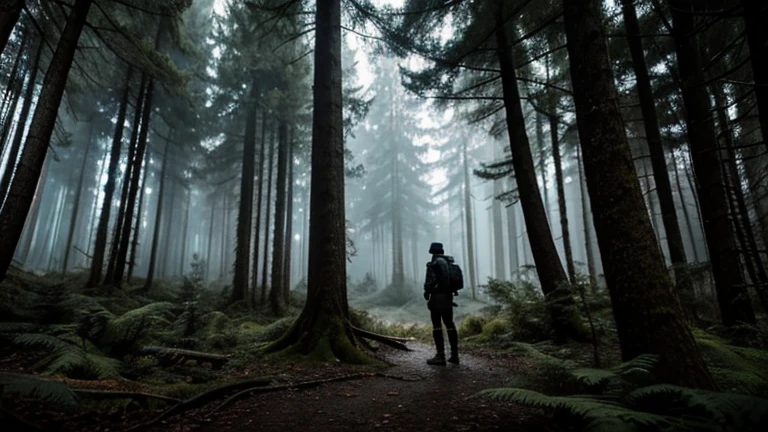 dark mysterious forest ,explorer talking with dark and mysterious figure in a forest full of trees