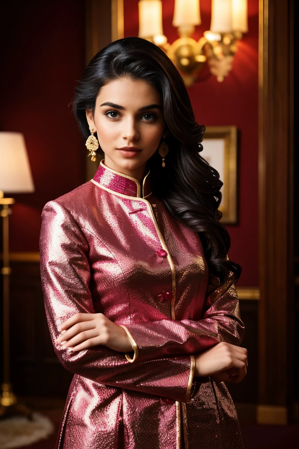 In this portrait photo, a beautiful 20-year-old female Instagram model exudes grace and elegance. She is fully dressed in a pinkblack intricate Sharara Suit, a traditional desi ensemble that showcases rich cultural heritage. The Sharara Suit features a detailed and ornate design, with exquisite embroidery and embellishments that highlight the craftsmanship.

The model is bathed in soft, flattering lighting, with a rim light that outlines her figure and a key light that illuminates her face, emphasizing her delicate features and radiant complexion. The background is light, creating a subtle contrast that allows her vibrant attire to stand out.

Her pose is poised and confident, capturing the essence of a modern yet traditional beauty. This portrait not only highlights the model's stunning appearance but also the intricate details of her attire, making it a captivating and visually appealing image suitable for social media and fashion showcases.