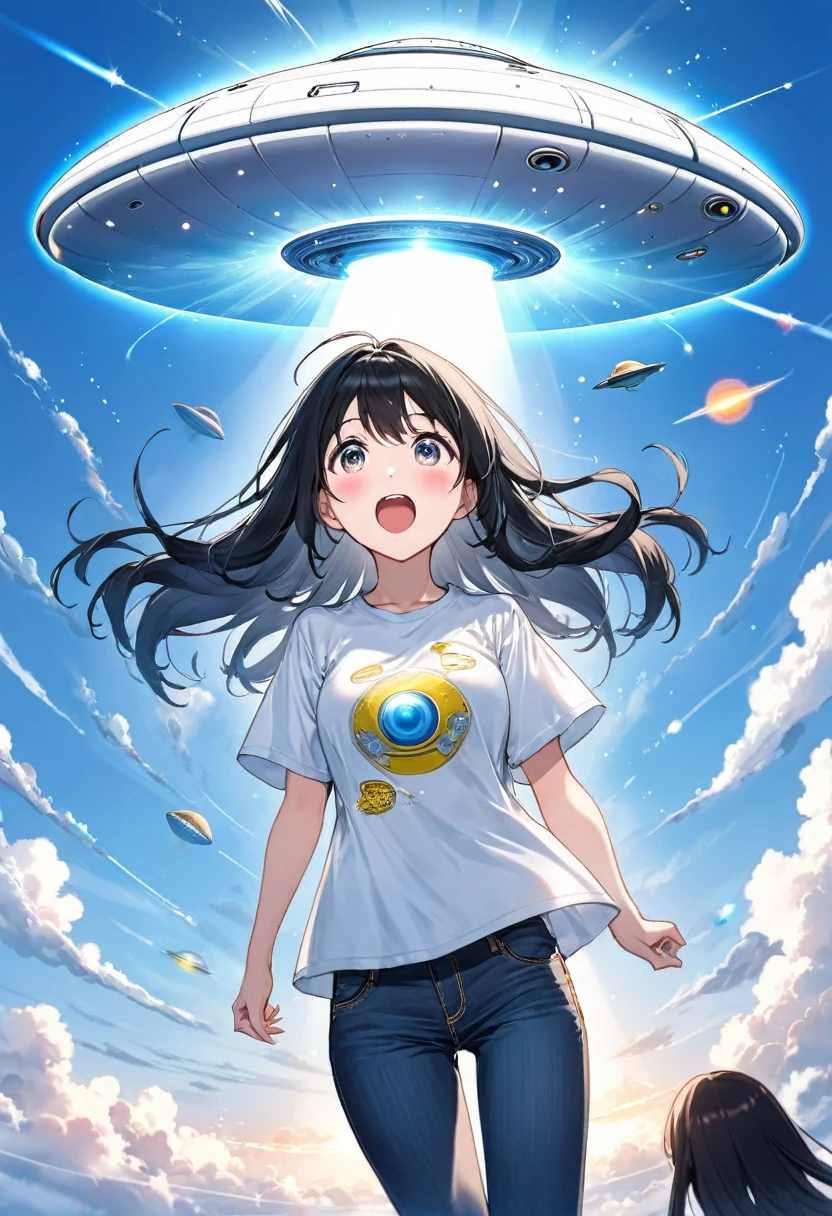 Black long hair、Twin-tailed Girl、T-shirt and jeans、Surprised face、A large unidentified flying object (UFO) is flying、Spaceman、A shining light from the UFO、blue sky、White cloud