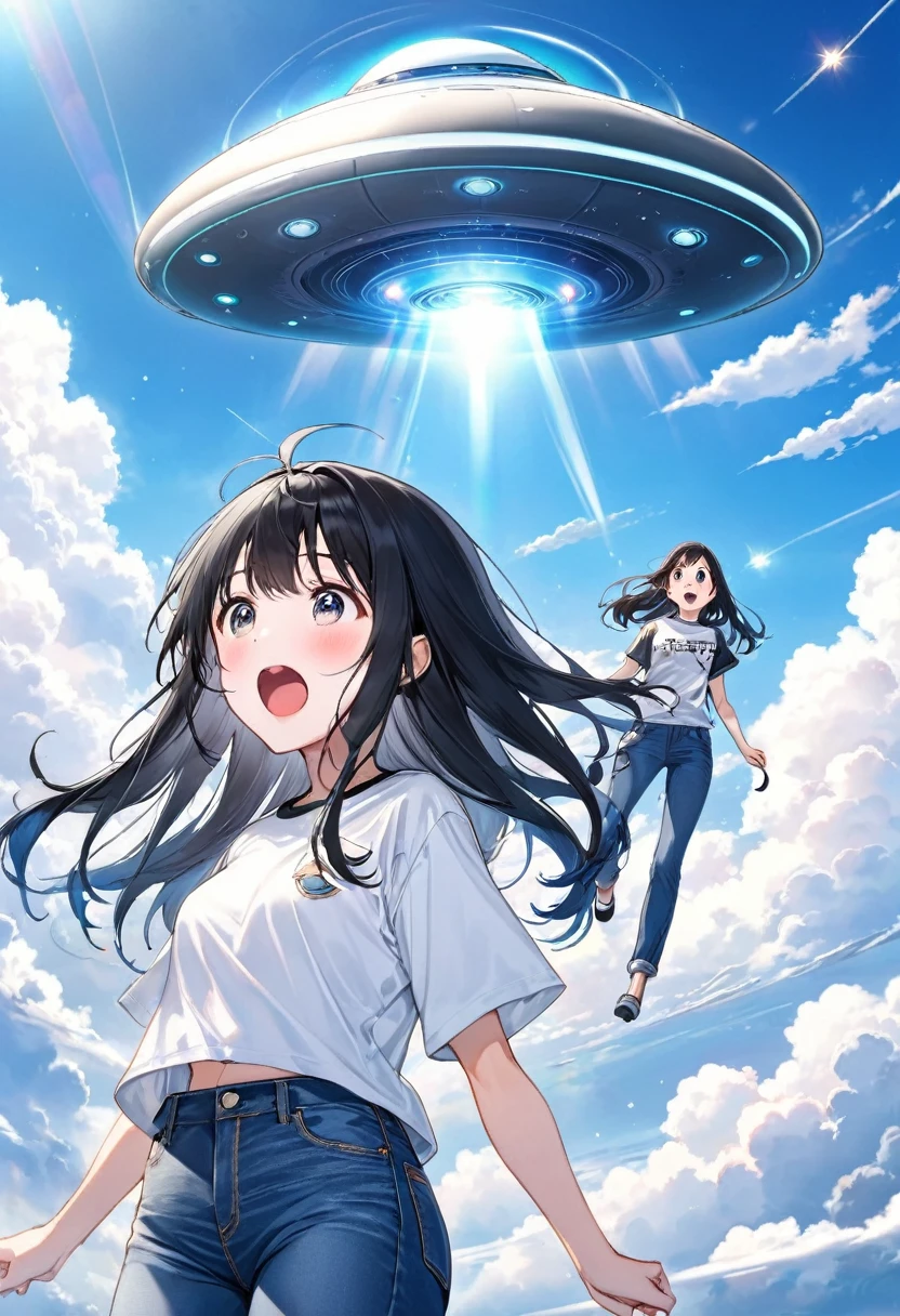 Black long hair、Twin-tailed Girl、T-shirt and jeans、Surprised face、A large unidentified flying object (UFO) is flying、Spaceman、A shining light from the UFO、blue sky、White cloud