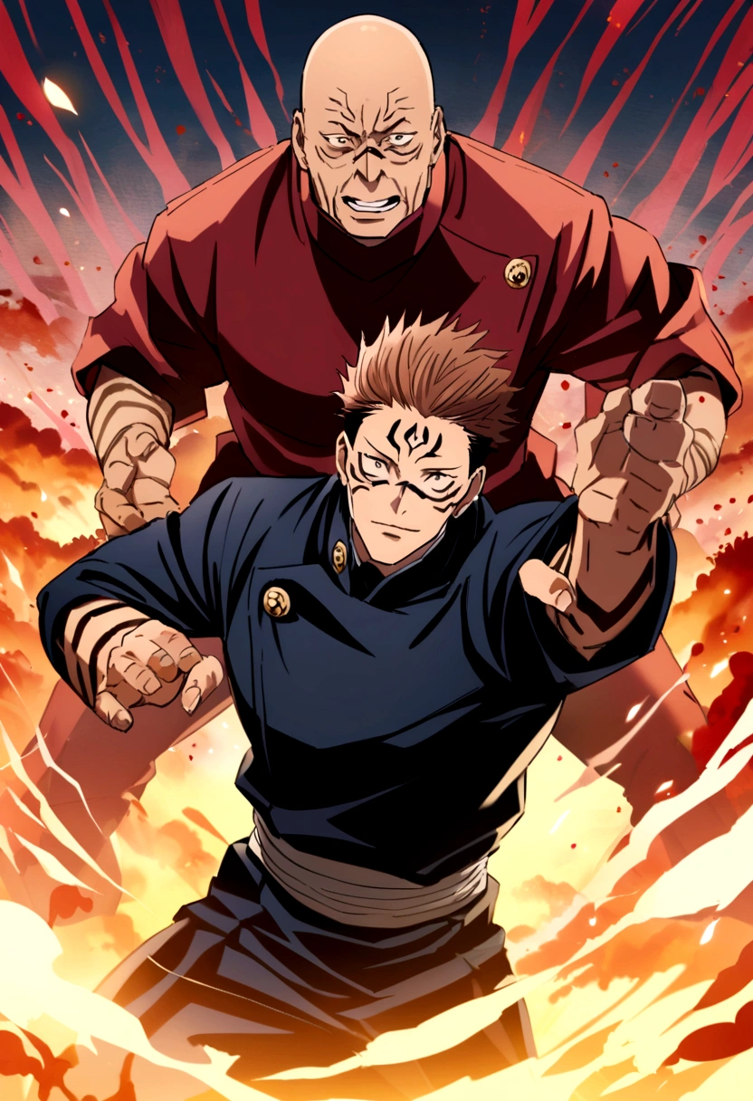 ryomen sukuna from jujutsu kaisen with brown hair and a black beanie hat fighting a bald man WITHOUT A HAT anime