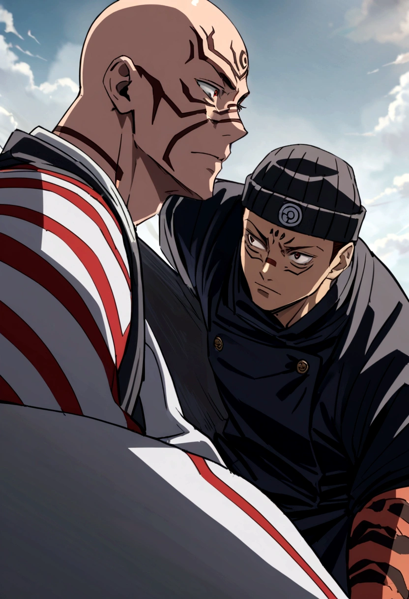 ryomen sukuna from jujutsu kaisen with brown hair and a black beanie hat fighting a bald man WITHOUT A HAT anime