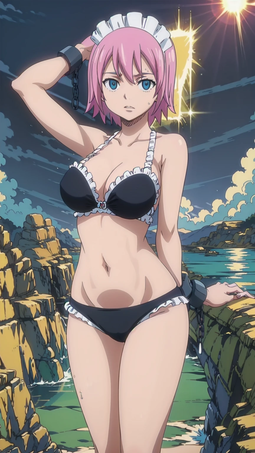 masterpiece, absurdres, looking at viewer, virgoft, maid, maid headdress, maid bikini, cuffs, blue theme, blue background, cloudy sky, sunlight, orgasmic, bikini swimsuit, large breasts, cleavage, belly button exposed, collarbone, thighs, (sea and beach),sea,