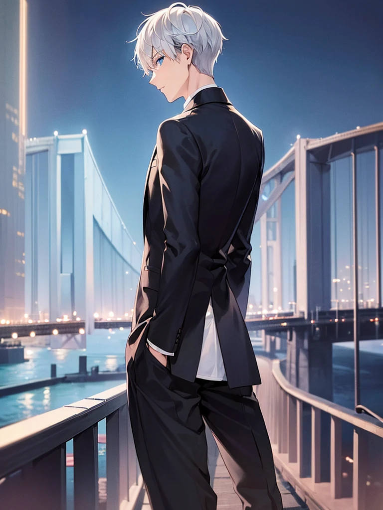 Man, back turned, alone, white hair, blue eyes, short hair, wearing a black suit, night view of the bridge. 