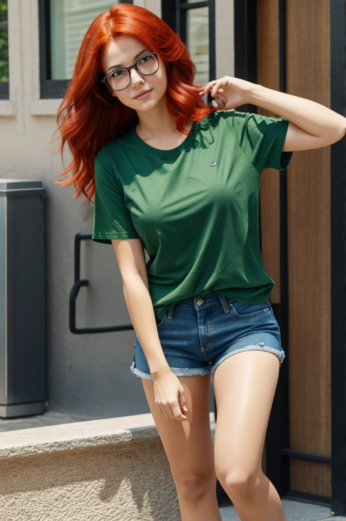 Female character with red hair, black glasses, a green t-shirt and blue denim shorts.