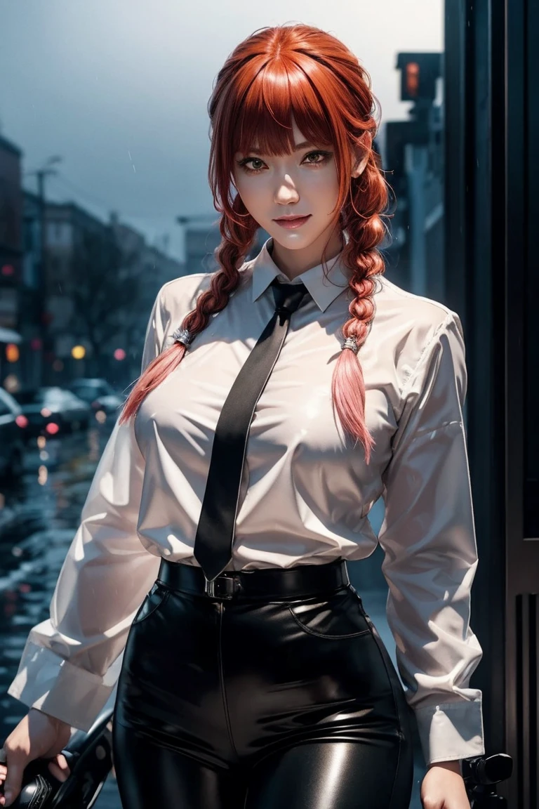 Chainsaw Man,Makima,With bangs,Red Hair,Braids at the back,Yellow eyes,White long sleeve shirt,Black tie,Black Leather Pants,Ultra HD,super high quality,masterpiece,Digital SLR,Photorealistic,Detailed details,Vivid details,Depicted in detail,A detailed face,Detailed details,Super Detail,Realistic skin texture,Anatomical basis,Perfect Anatomy,Anatomically correct hand,Anatomically correct fingers,Complex 3D rendering,Sexy pose,Rainy Sky,Beautiful scenery,Fantastic rainy sky,Picturesque,Pink Lips,smile,