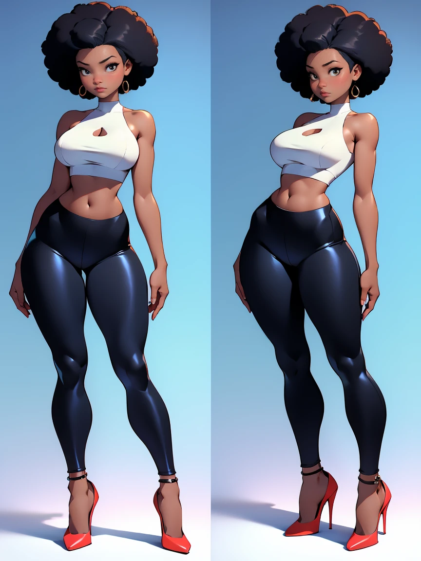 afro american girl, dark skin, behind view, afro haircut, 1 girl, solo, (black leggins) (crop tank top, cleavage), high heel shoes, sleveless, medium bust, wide hips