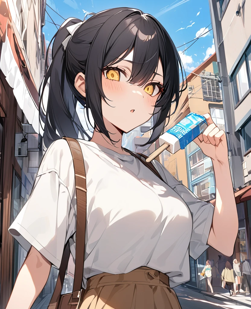 One Woman、Black Hair、Hairstyle、ponytail、Yellow Eyes、Slanted Eyes、whole body、Tsundere、Casual clothing、Hold the ice cream in your right hand、Building district、Ultra-precise and accurate