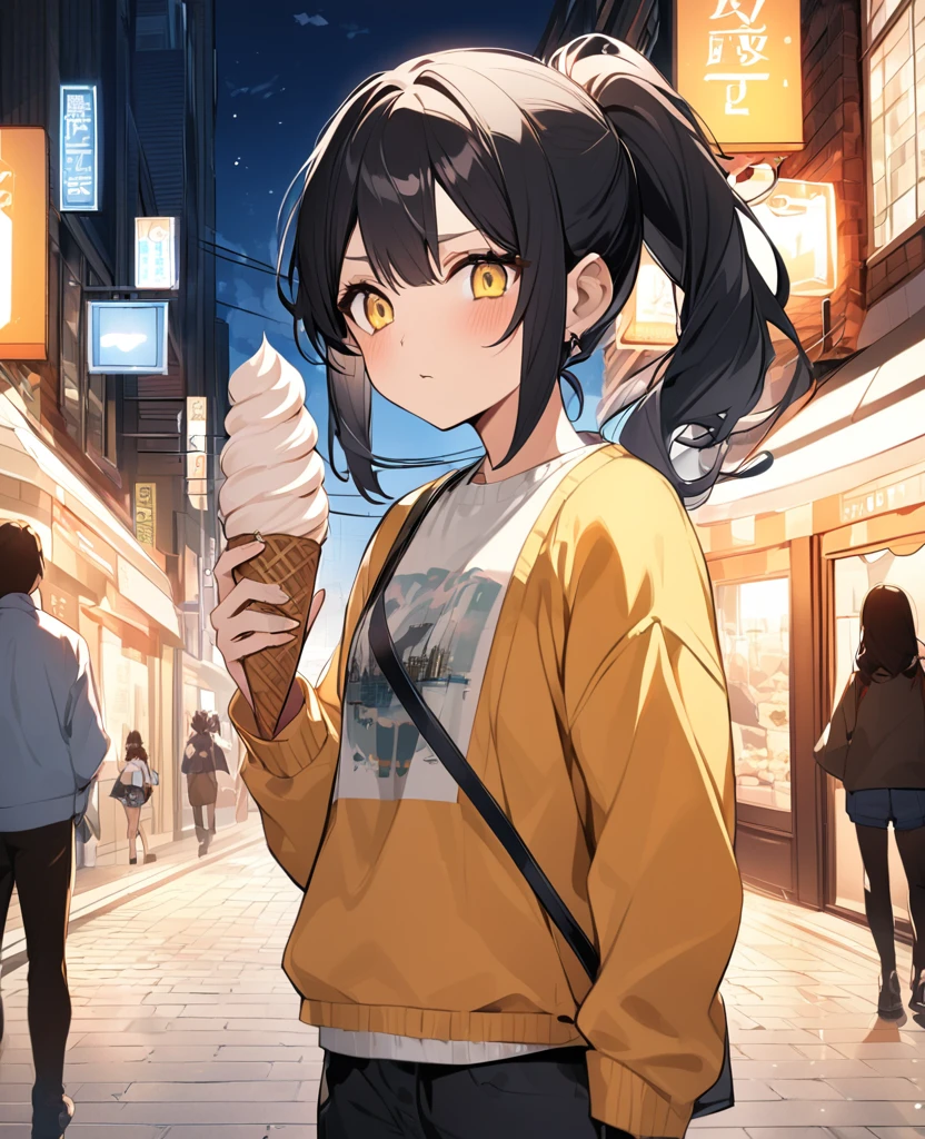 One Woman、Black Hair、Hairstyle、ponytail、Yellow Eyes、Slanted Eyes、whole body、Tsundere、Casual clothing、Hold the ice cream in your right hand、Building district、Ultra-precise and accurate