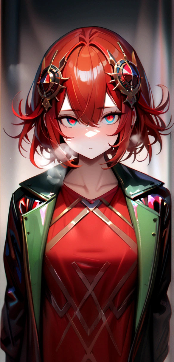 (Masterpiece, Best Quality, 1 chico, Alone, intricate details, chromatic aberration), realist, ((medium breath)),short hair ,unruly hair, red head ornament, red reflections, neon shirt, closed jacket, (symmetry eyes)