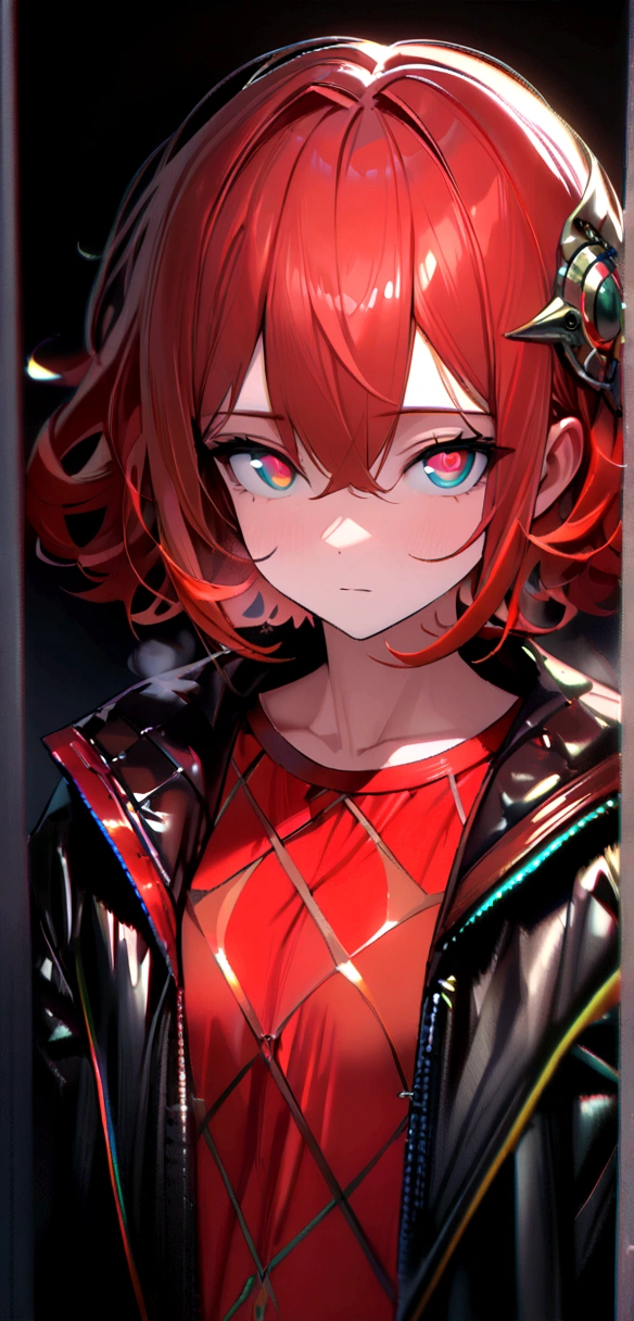 (Masterpiece, Best Quality, 1 chico, Alone, intricate details, chromatic aberration), realist, ((medium breath)),short hair ,unruly hair, red head ornament, red reflections,  neon shirt, closed jacket, (symmetry eyes)