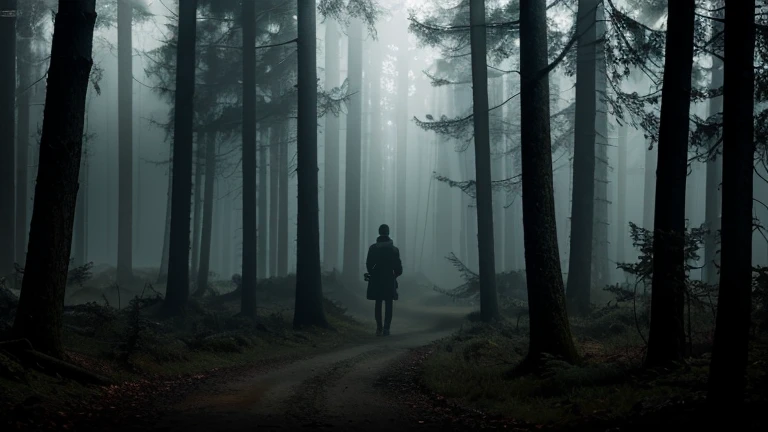 A dark and mysterious forest, an explorer conversing with a dark and mysterious figure in a forest filled with trees, (best quality,4k,8k,highres,masterpiece:1.2),ultra-detailed,(realistic,photorealistic,photo-realistic:1.37),highly detailed portrait, detailed facial features, intricate textures, moody atmosphere, dramatic lighting, cinematic composition, lush vegetation, ancient trees, fog, mystical, fantasy, dark fantasy, chiaroscuro lighting, dramatic shadows, muted color palette, rich tones