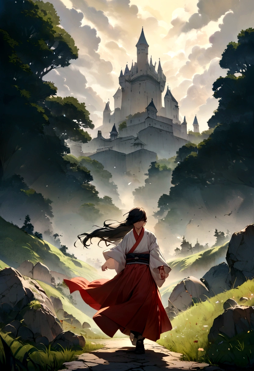 make a young and strong fighter, He is muscular and has long hair and wears a kimono with ripped sleeves., he will be walking through a grassy terrain with a castle in the background, and the strong wind blowing, he walks in front of us