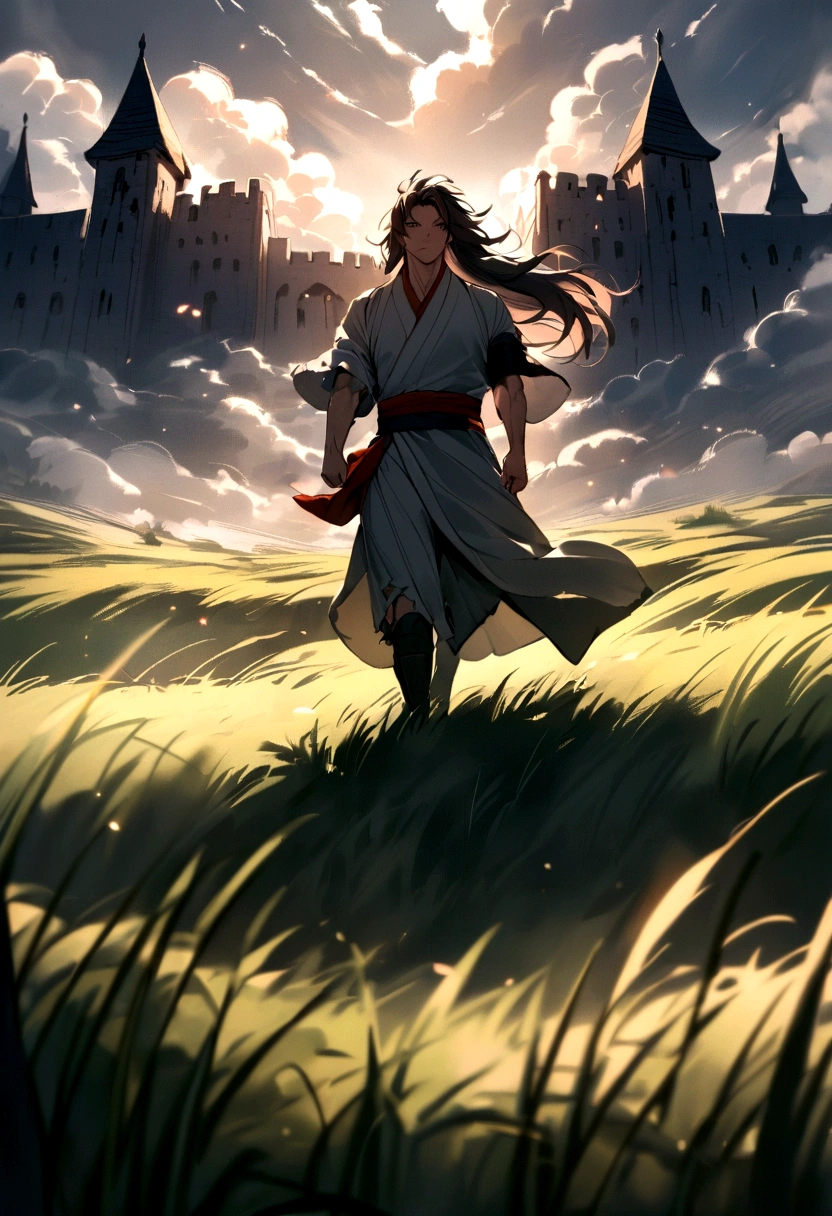 make a young and strong fighter, He is muscular and has long hair and wears a kimono with ripped sleeves., he will be walking through a grassy terrain with a castle in the background, and the strong wind blowing, he walks in front of us