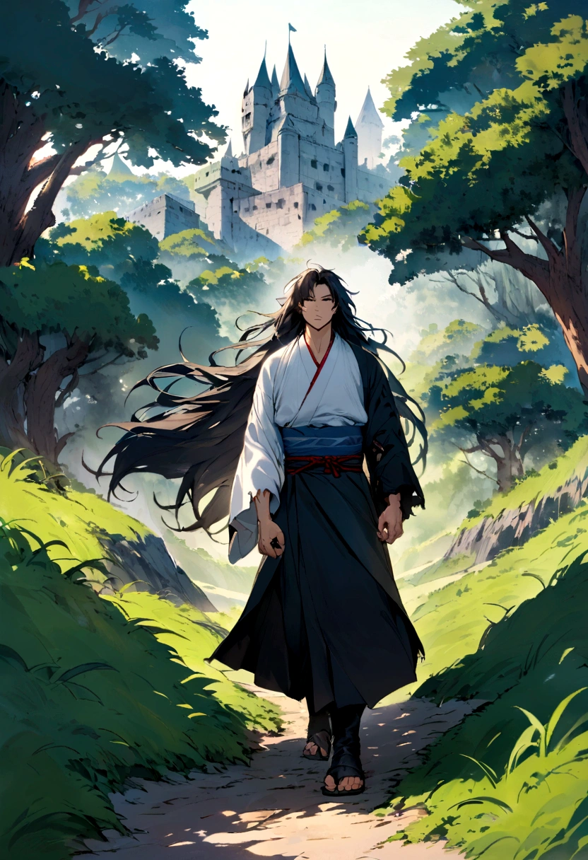 make a young and strong fighter, He is muscular and has long hair and wears a kimono with ripped sleeves., he will be walking through a grassy terrain with a castle in the background, and the strong wind blowing, he walks in front of us