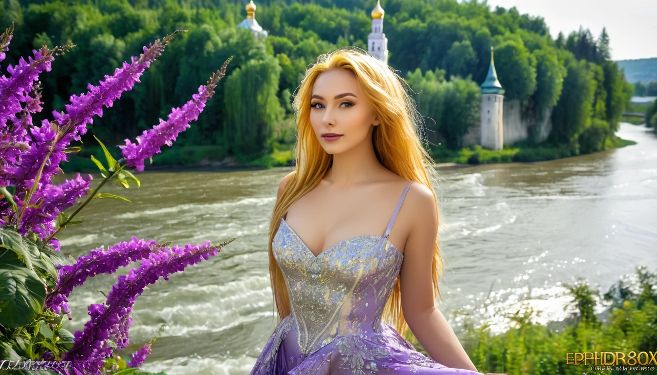 hdr digital image, 8k, most beautiful image in the world, high walls, white ivory walls with gold, a large deep river, surrounded by tall trees, colorful flowers, a golden tower in the background, a beautiful young Russian woman, 30 years old , cute, long light purple hair, close to the river