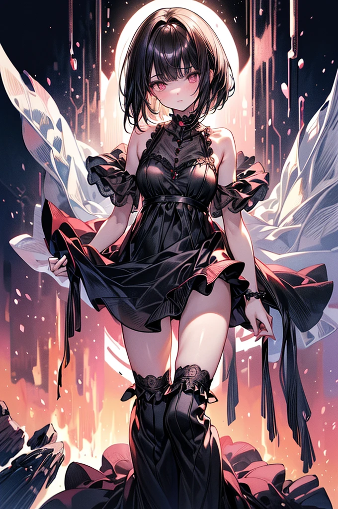 ((highest quality)),(ultra high resolution),(Super detailed),(detailed description),((best CG)),(best work of art),super precision art, great drawing art,(Art with precise details:1.5), (1 woman:1.5), beautiful and well-shaped face:1.5,(Beautiful skin with precise and detailed depiction:1.6),(Very precisely depicted black sheer Pyjama nightdress:1.5),provocative angle:1.6,gorgeous, beautiful young age girl, 13 ynned white skin, loose and flowing silky thigh-length negligee sleepwear, short shoulder length hair, sleek dark violet-black hair, Pixie cut hair, big round velvet colored eyes, fringe bangs over forehead, oval shaped face, sharp facial features, high-bridged nose, full cherry pink lips. medium height(172cm). D-cup breasts, small narrow waist. small delicate curvy hips, smooth silky thick thighs, large round ass, hourglass figure, slim yet plump thick build, standing upright, full body picture, hip-level shot. classy and opulent bedroom setting