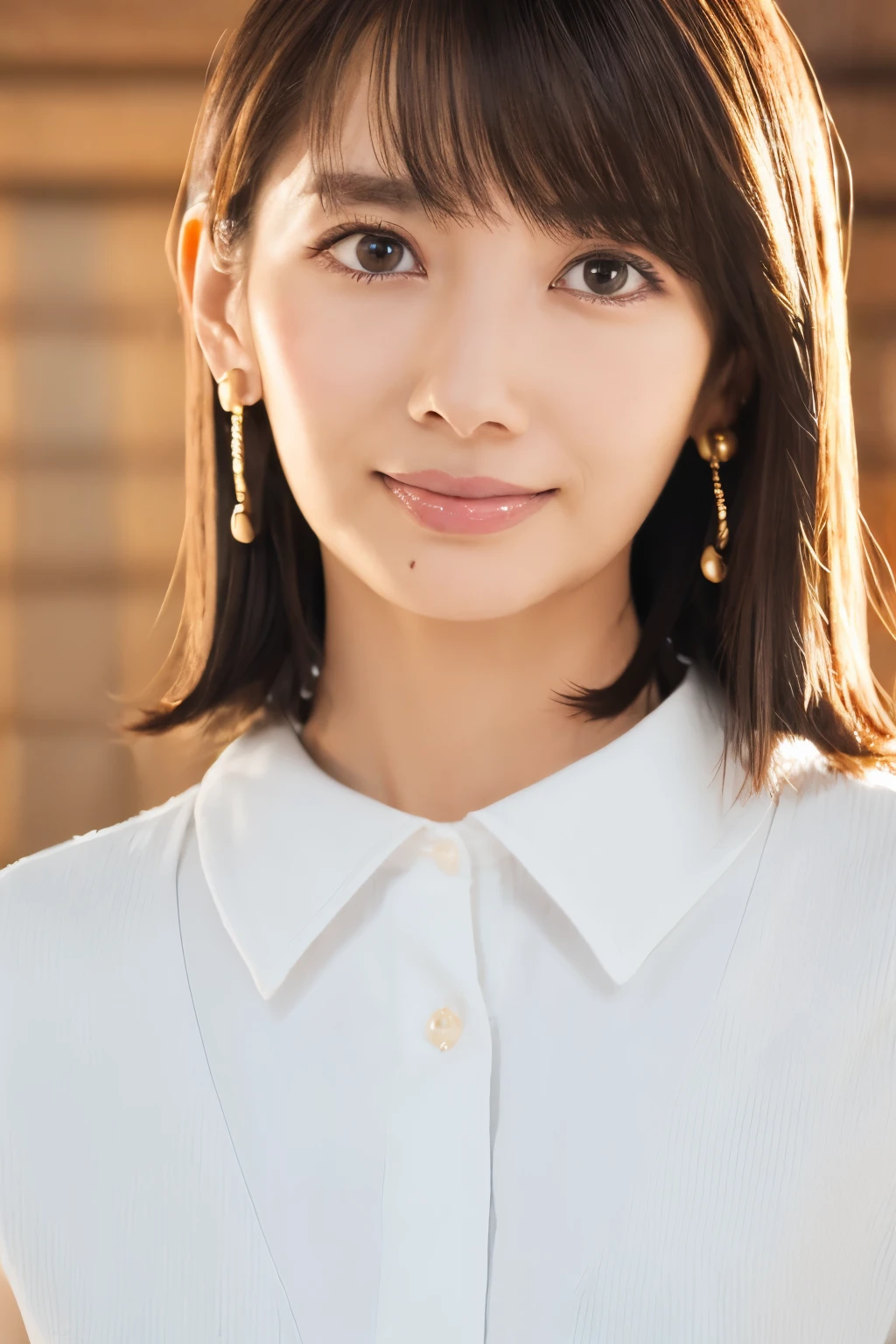 (8k, RAW photos, top quality, masterpiece: 1.2), ultra detailed, super resolution, (real photos: 1.37), portraits, high definition RAW color photos, professional photos, official art, highly detailed CG Unity 8k wallpapers, beautiful Japanese woman, {30|40} years old, highly detailed faces, Highly detailed eyes, highly detailed skin, Highly detailed nose, Highly detailed mouth, Perfect anatomy, Highly detailed background, Highly detailed clothing, One Girl, housewife, realistic body, white skin, radiant skin, slender body, very thin waist, handsome body, brown hair, {short|long} hair, (blunt bangs:1.2), cute face, slight smile, Realistic Face, White shirt, Earrings, Camera Gaze, Cowboy Shot, Standing Figure, Dynamic Lighting,