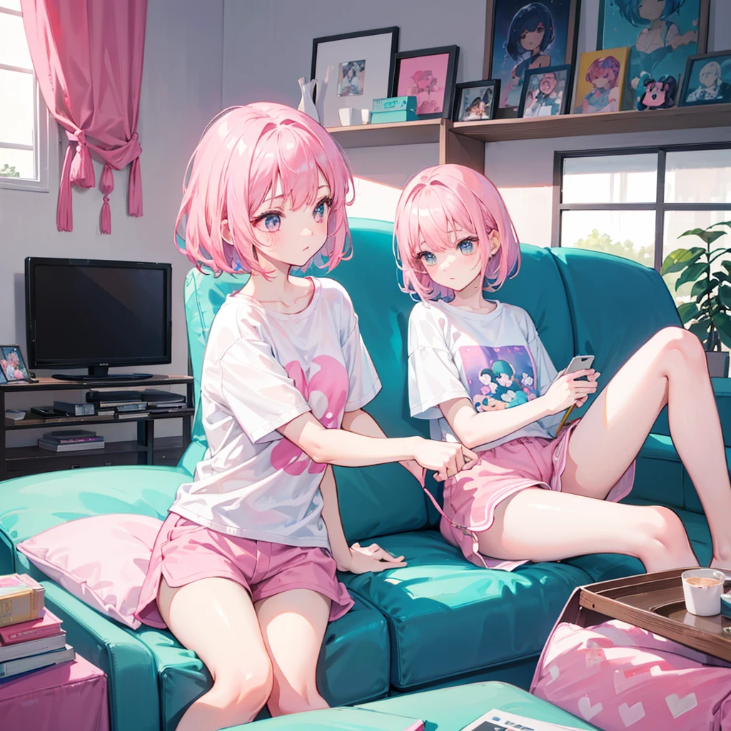Disney Pixar style, cute girl with short pink hair with bangs, wearing white shirt and pink shorts, looking away, sitting on the sofa, tv, top view, realistc, 8k
