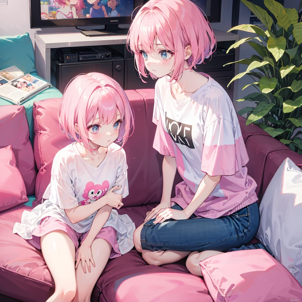 Disney Pixar style, cute girl with short pink hair with bangs, wearing white shirt and pink shorts, looking away, sitting on the sofa, tv, top view, realistc, 8k