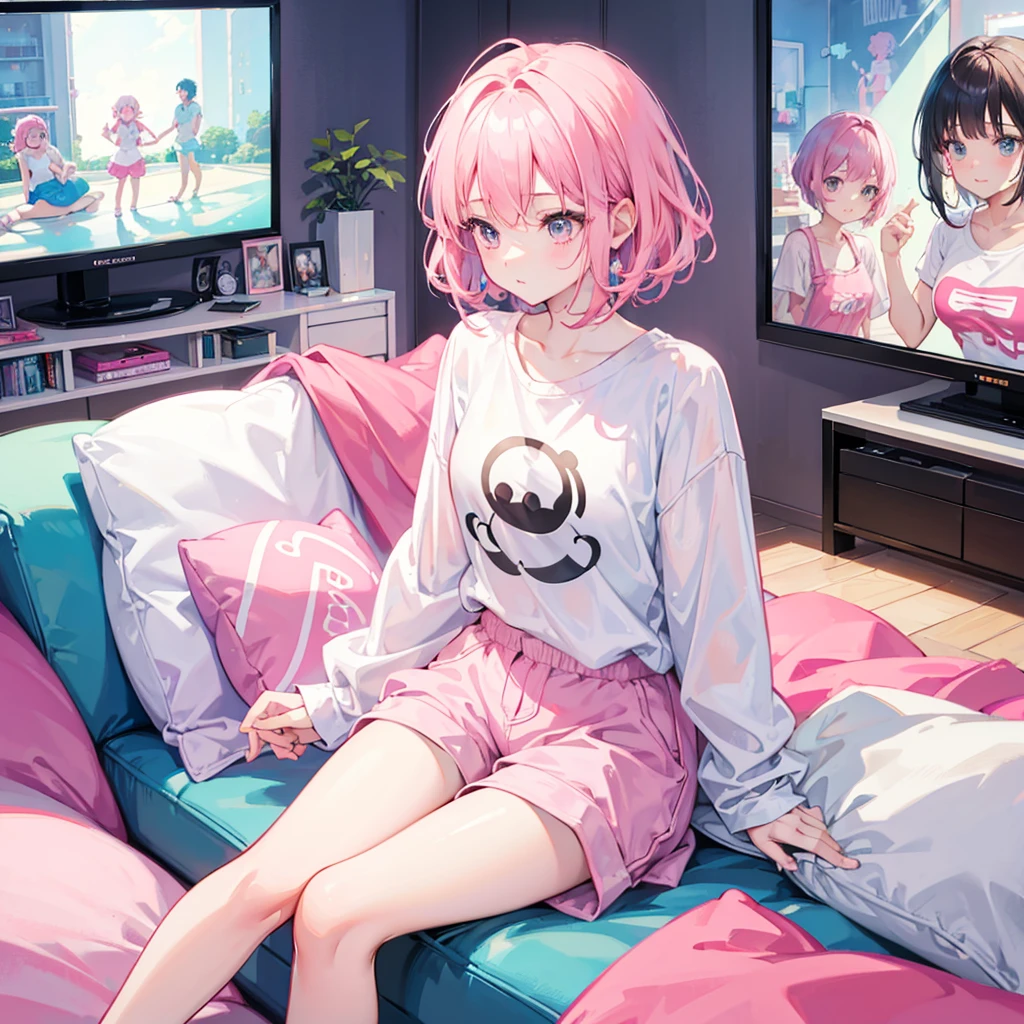 Disney Pixar style, cute girl with short pink hair with bangs, wearing white shirt and pink shorts, looking away, sitting on the sofa, tv, top view, realistc, 8k