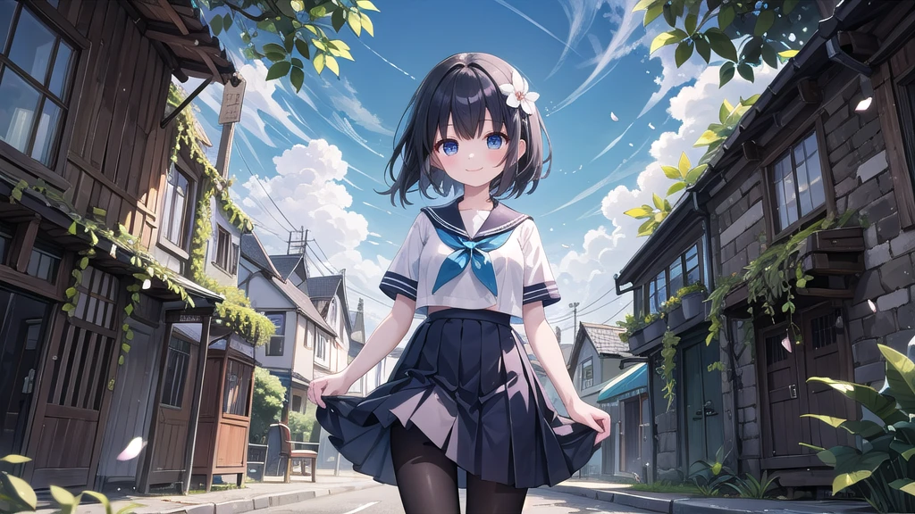 (masterpiece), town, blue sky, One Girl, smile, alone, Sailor suit、Long skirt, Overgrown, petal, plant、Skirt lining、Translucent slip、nostalgic、Black Pantyhose