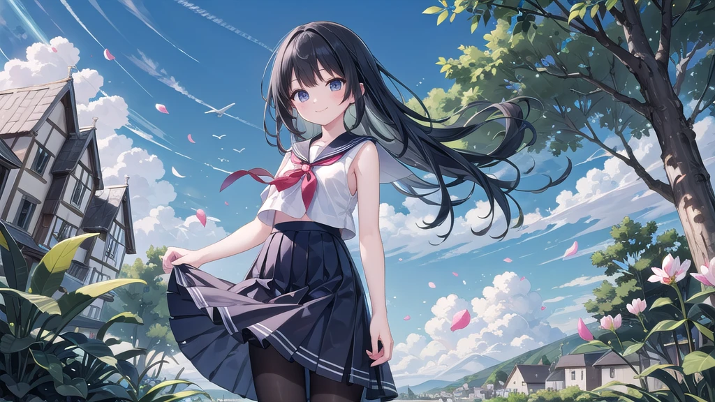 (masterpiece),  town,  blue sky,  One Girl,  smile,  alone,  Sailor suit、Long skirt,  Overgrown,  petal,  plant、Skirt lining、Translucent slip、nostalgic、Black Pantyhose