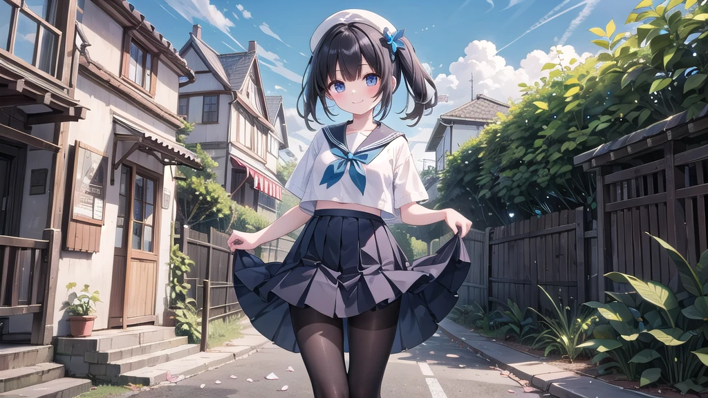 (masterpiece),  town,  blue sky,  One Girl,  smile,  alone,  Sailor suit、Long skirt,  Overgrown,  petal,  plant、Skirt lining、Translucent slip、nostalgic、Black Pantyhose