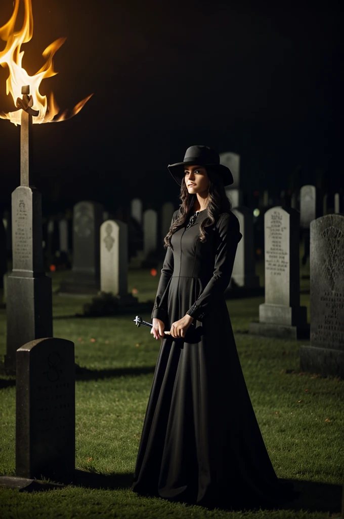 A woman in a black dress, black hat in a cemetery at night with a white fire trident in his hand