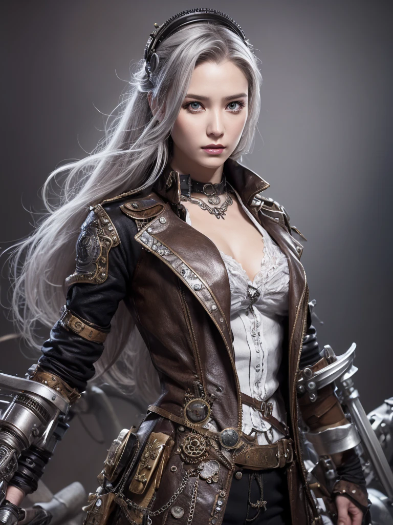 Very beautiful Steampunk lady, long silver hair, steampunk outfit and weapon, hyperrealism, photorealistic,